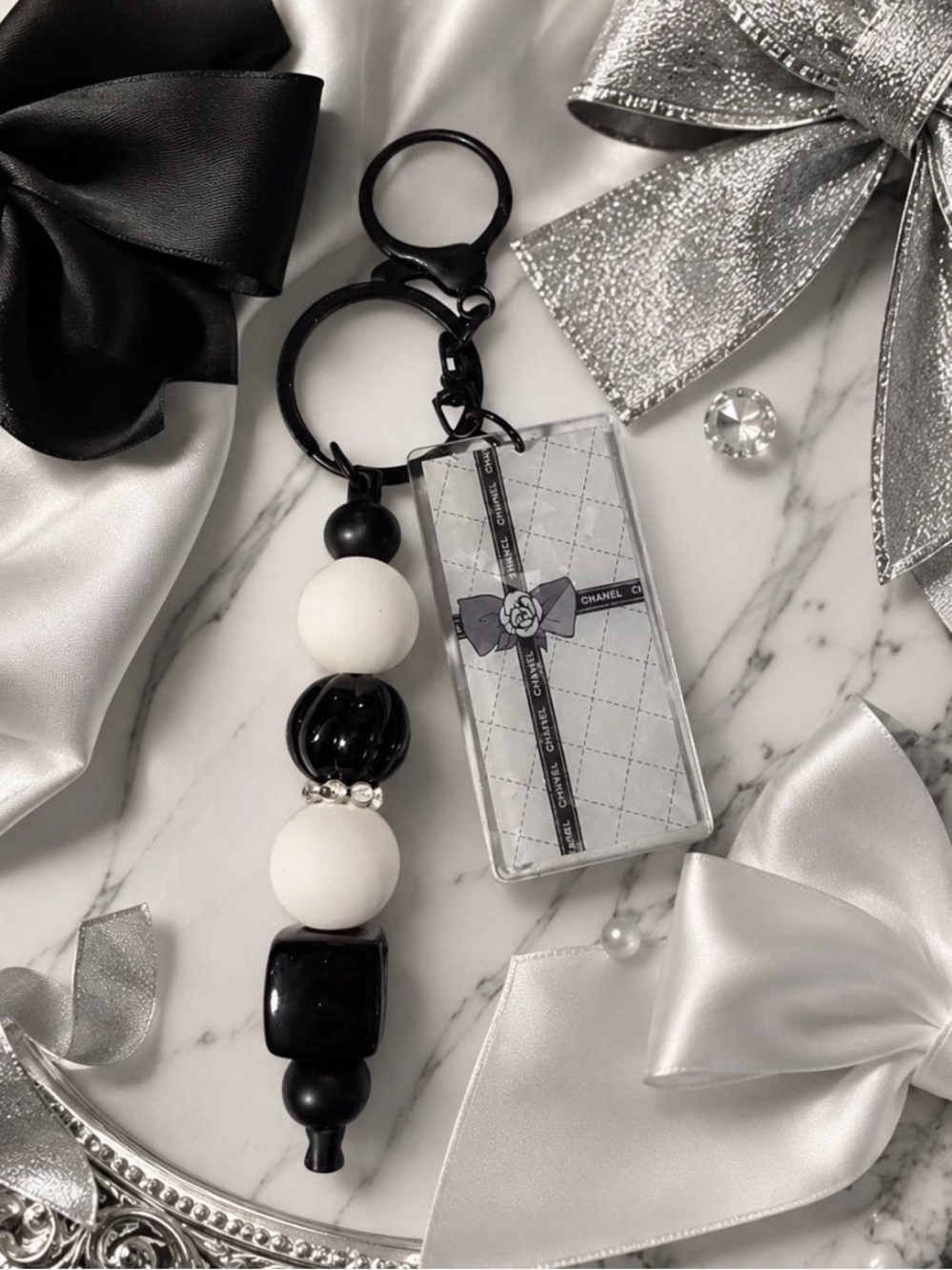 Hand Crafted Black and White Beaded Inspired Keychain